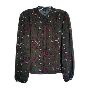 Forever 21 Sheer Olive Green Leopard Animal Print Blouse Top Black Pink White M